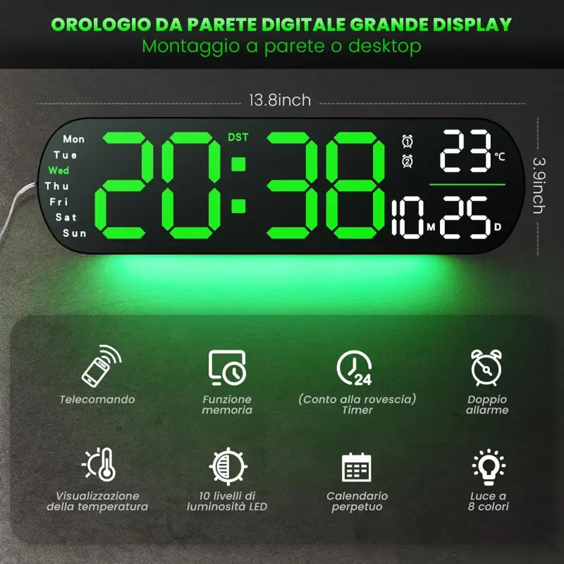 Remote Control 14″ Digital LED Wall Clock Green