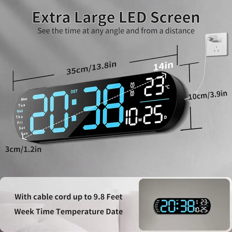 14″ Digital LED Wall Clock Blue with Night light